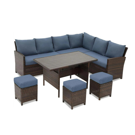 7 Piece  Wicker Patio Dining Set  9-Seat  Outdoor Sectional Blue Cushions Sofa with Ottomans & Dining Table Porch Backyard Garden