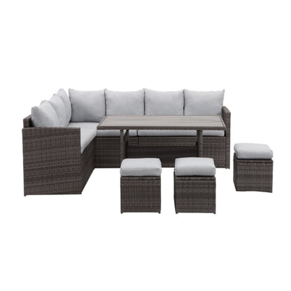 7 Piece  Wicker Patio Dining Set  9-Seat  Outdoor Sectional Gray Cushions Sofa with Ottomans & Dining Table Porch Backyard Garden
