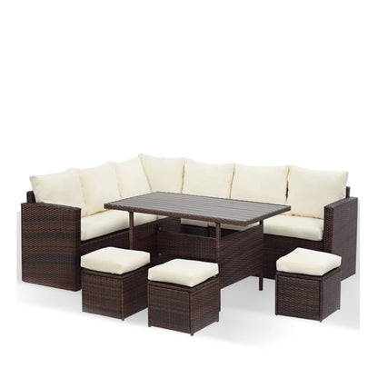 7 Piece  Wicker Outdoor Dining Set,  9-Seat  Outdoor Sectional Beige Cushions Sofa with Ottomans & Dining Table for Porch Backyard Garden