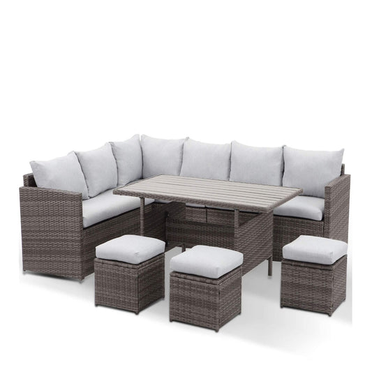 7 Piece  Wicker Outdoor Dining Set,  9-Seat  Outdoor Sectional Gray Cushions Sofa with Ottomans & Dining Table for Porch Backyard Garden