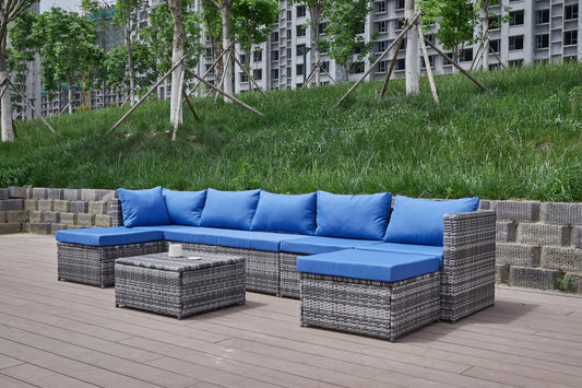 Blue Grey Rattan Patio Sofa Set - Comfortable Outdoor Seating