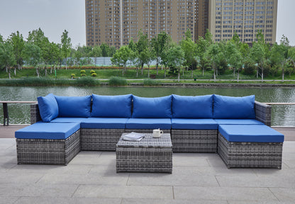 Blue Grey Rattan Patio Sofa Set - Comfortable Outdoor Seating