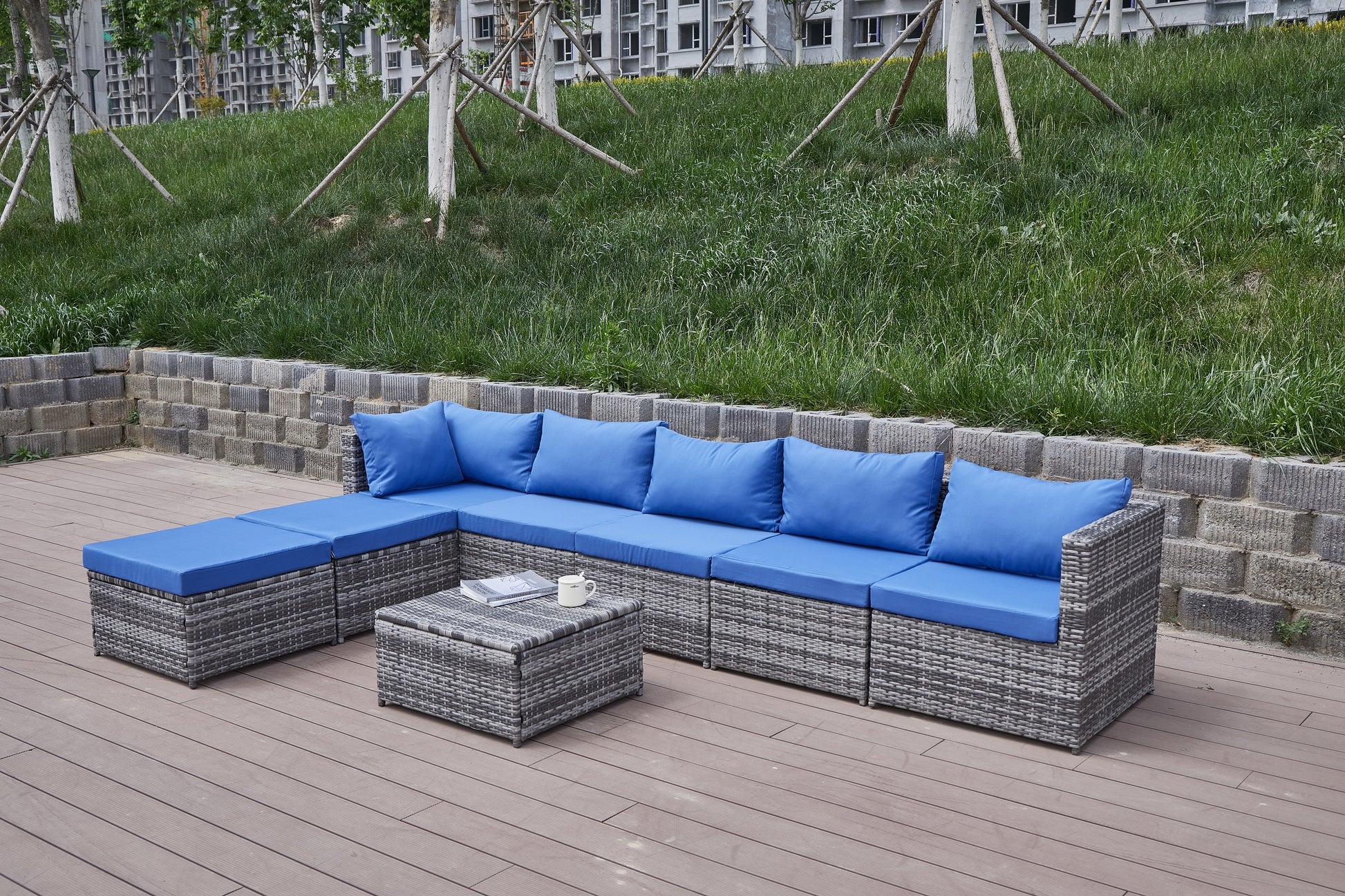 Blue Grey Rattan Patio Sofa Set - Comfortable Outdoor Seating