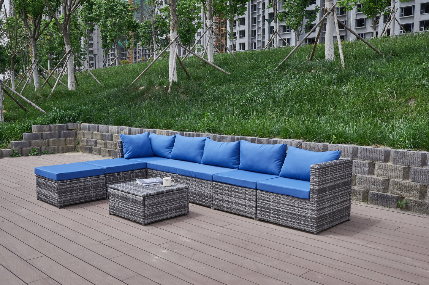 Blue Grey Rattan Patio Sofa Set - Comfortable Outdoor Seating