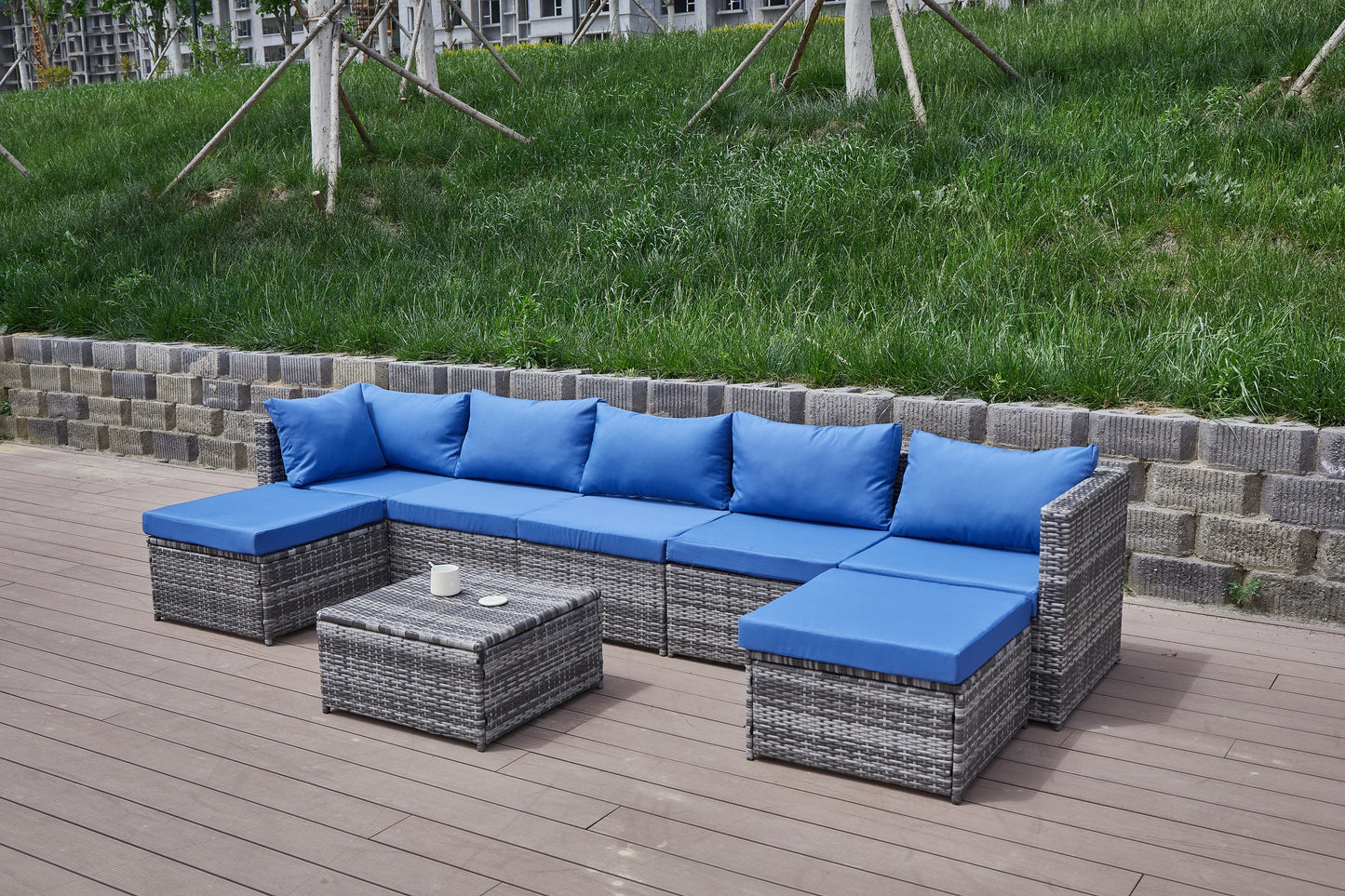 Blue Grey Rattan Patio Sofa Set - Comfortable Outdoor Seating