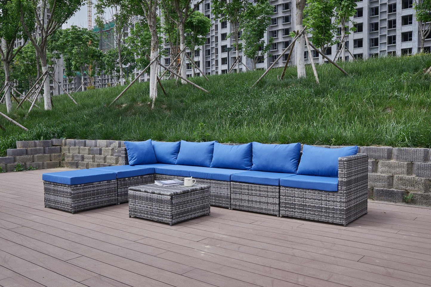 Blue Grey Rattan Patio Sofa Set - Comfortable Outdoor Seating