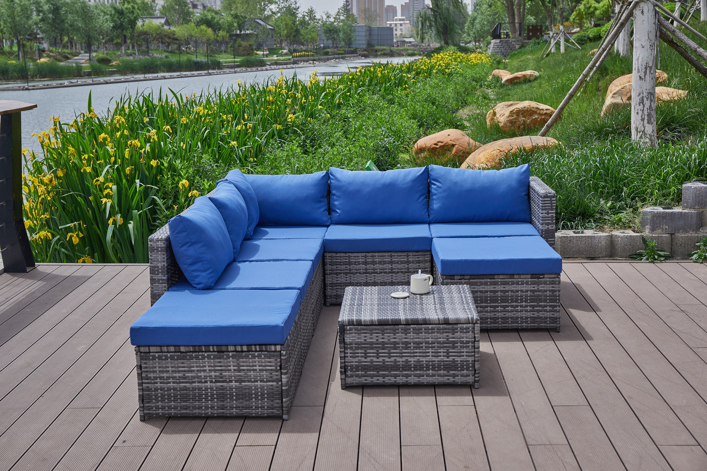 Blue Grey Rattan Patio Sofa Set - Comfortable Outdoor Seating