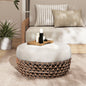 Willow 25" Round Upholstered Woven Patio Ottoman, Golden Brown Wicker Frame, Wheat Beige