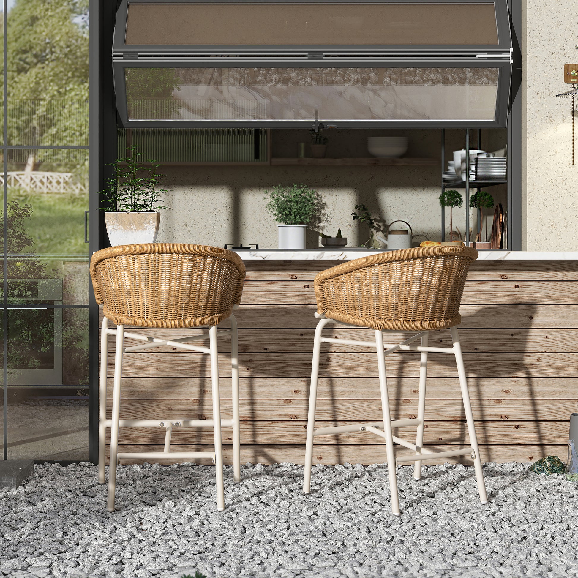Beige Olefin Bar Stools Set of 2 - 21.5" Wicker Back