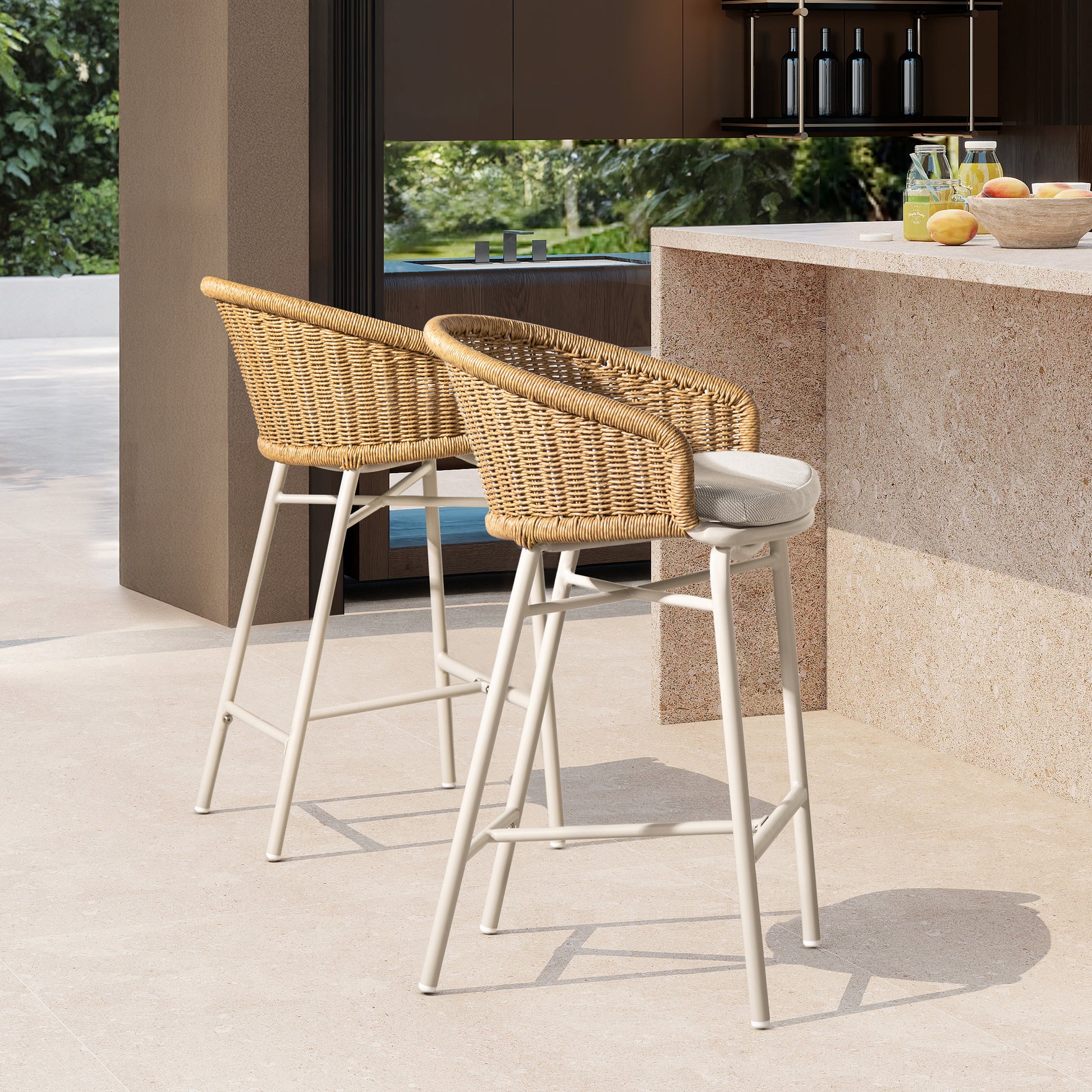 Santorini 28" Wicker Back Outdoor Bar Stool, Set of 2, Wheat Beige Axroma Olefin