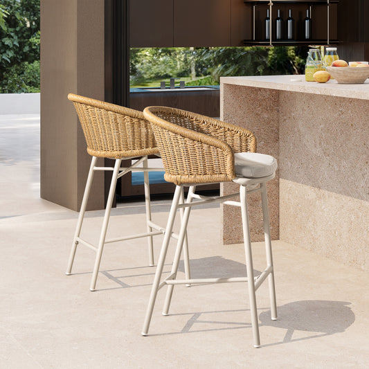 Santorini 28" Wicker Back Outdoor Bar Stool, Set of 2, Wheat Beige Axroma Olefin