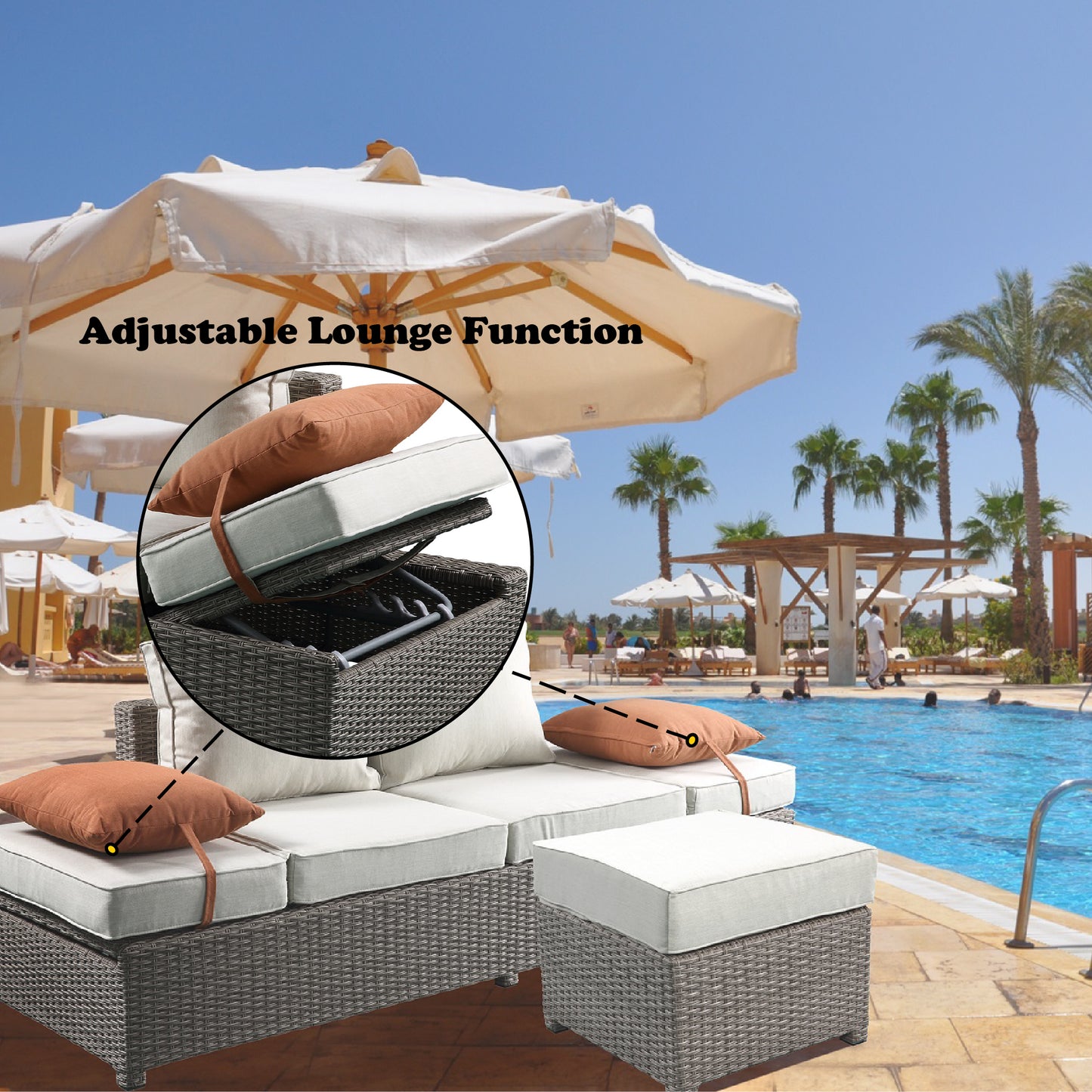 Gray Beige Outdoor Patio Sofa Set with Ottoman for Garden Living