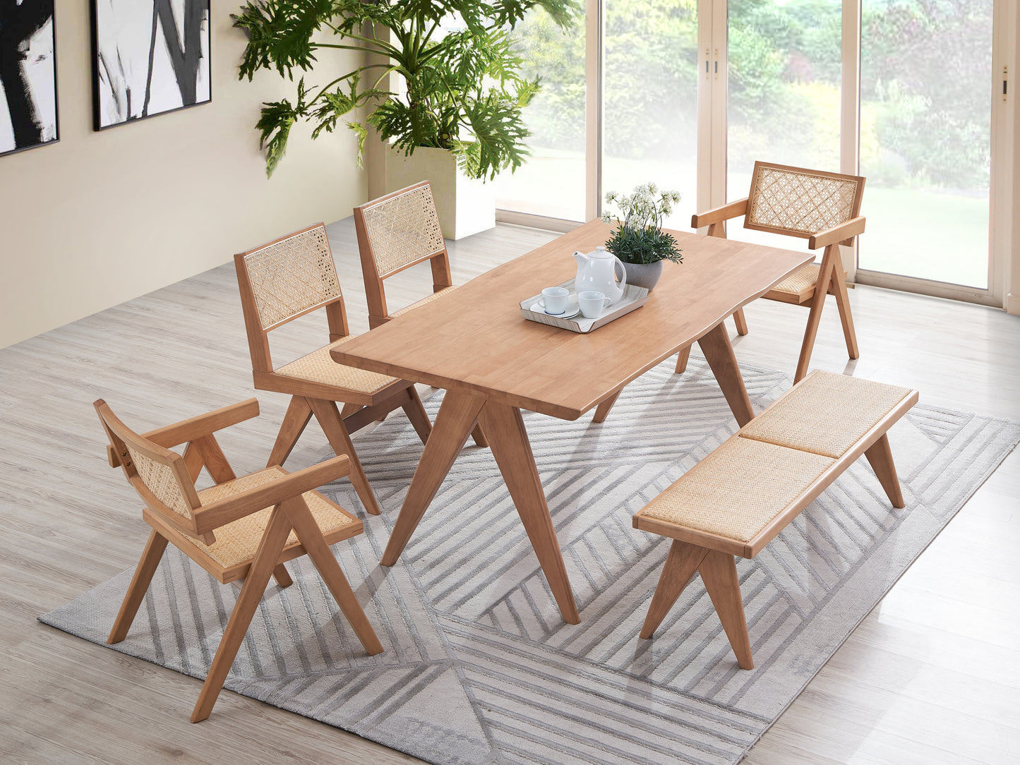 Natural Rattan Garden Dining Set with Synthetic Wood Table