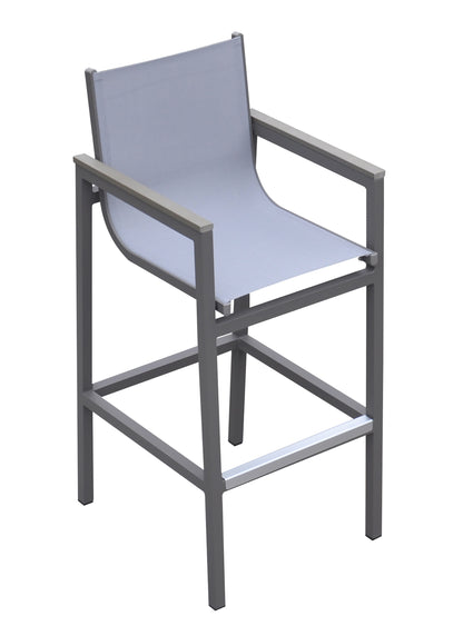 Noverra Outdoor Patio Barstool in Gray Powder Coated Finish with Gray Sling Textilene and Gray Wood Accent Arms