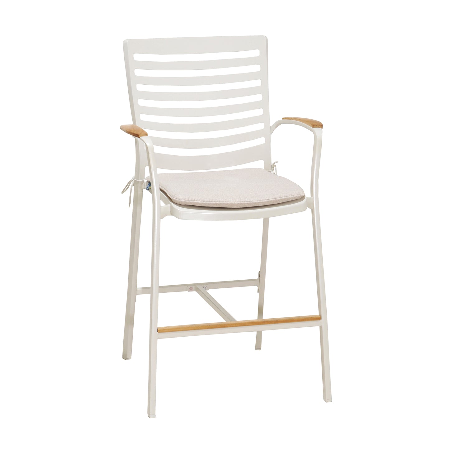 Isora Outdoor Patio Aluminum Barstool in Light Matte Sand with Natural Teak Wood Accent
