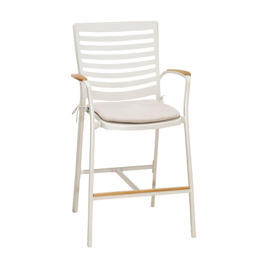 Isora Outdoor Patio Aluminum Barstool in Light Matte Sand with Natural Teak Wood Accent