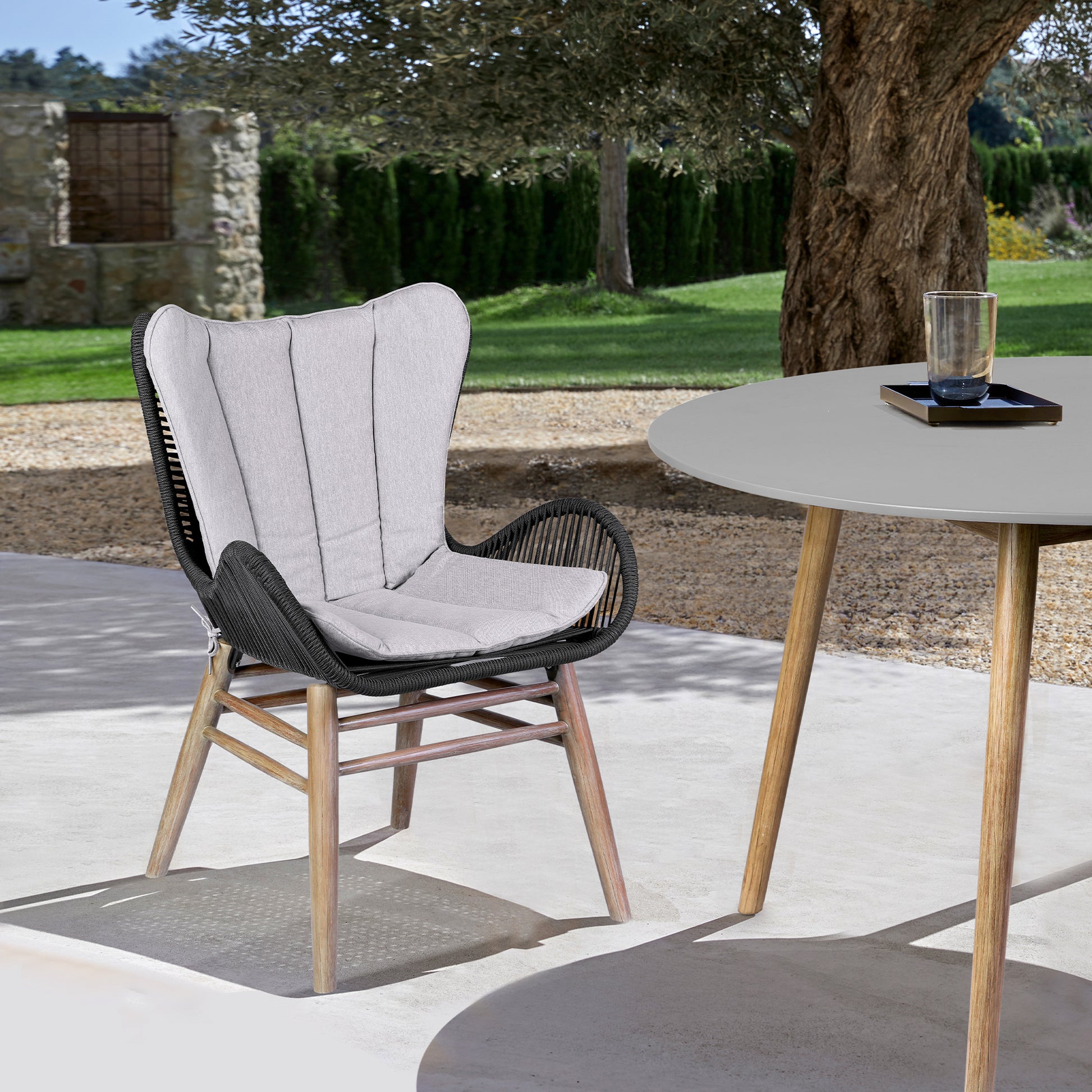 Mateo Outdoor Patio Dining Chair in Light Eucalyptus Wood and Charcoal Rope