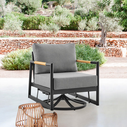 Crown Outdoor Patio Swivel Glider Lounge Chair in Black Aluminum and Teak Wood with Cushions