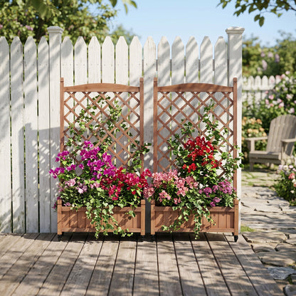 Raised Garden Bed with Trellis 2 Pack, Outdoor Wooden Planter Box & Plant Stand with Climbing Racks