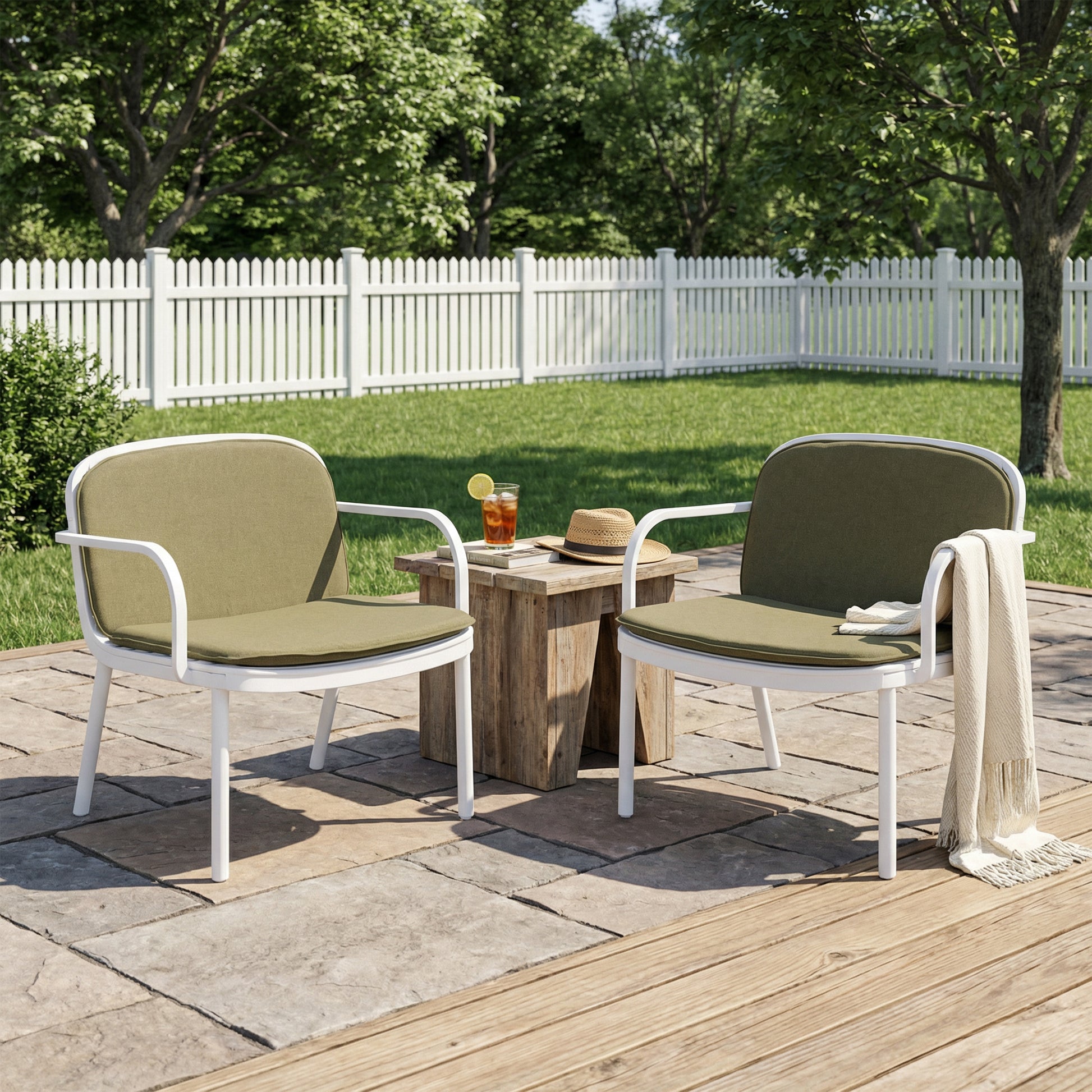 Luna Outdoor PP Club Chair, White Frame with Green Cushion, Set of 2