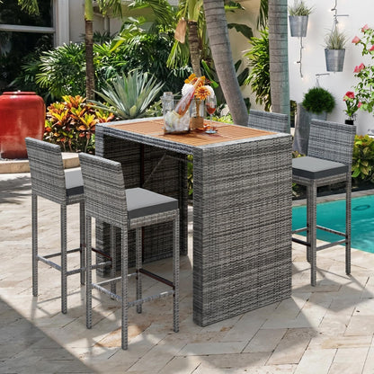 <Old SKU: FG201216AAE> GO 5-pieces Outdoor Patio Wicker Bar Set, Bar Height Chairs With Non-Slip Feet And Fixed Rope, Removable Cushion, Acacia Wood Table Top, Brown Wood And Gray Wicker