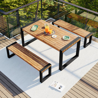 3-Piece Acacia Wood Patio Dining Set - Table & 2 Benches