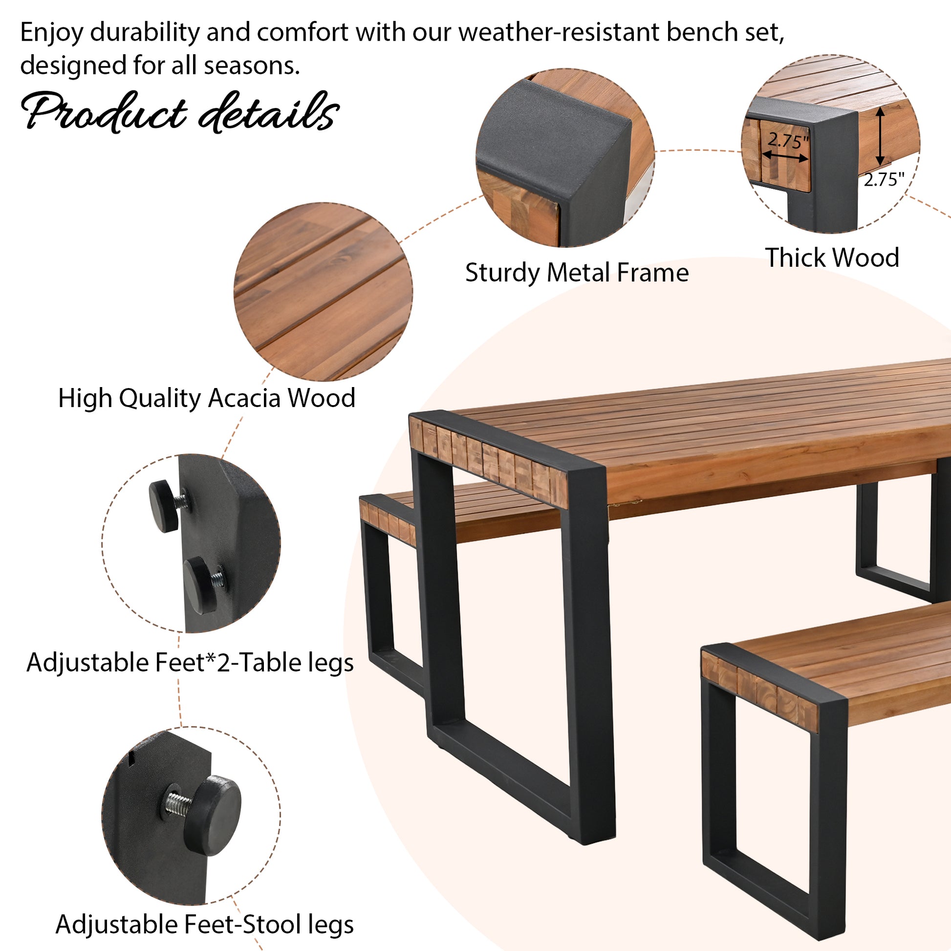 3-Piece Acacia Wood Patio Dining Set - Table & 2 Benches