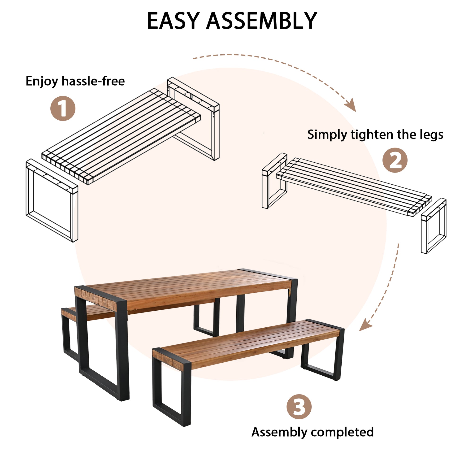3-Piece Acacia Wood Patio Dining Set - Table & 2 Benches