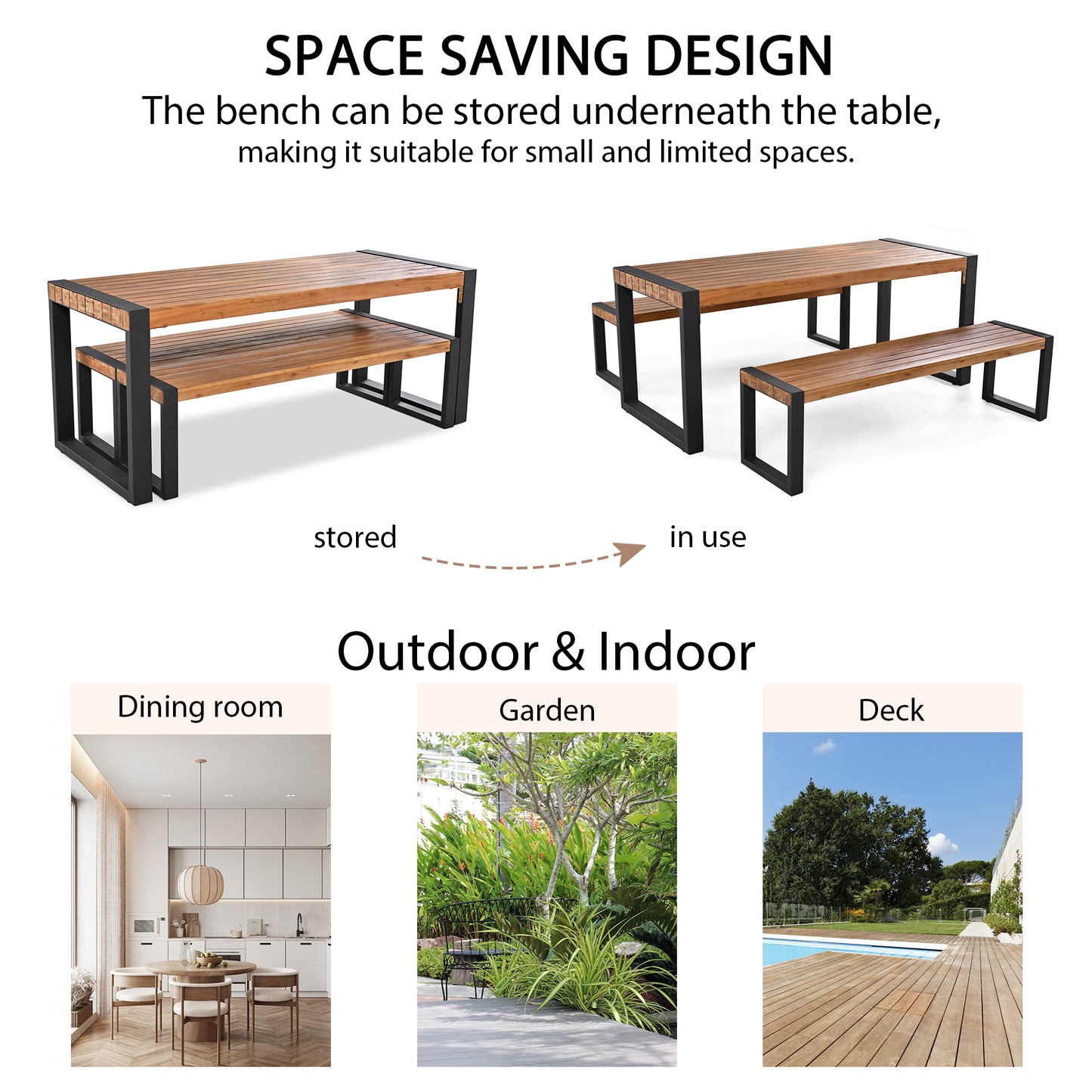 3-Piece Acacia Wood Patio Dining Set - Table & 2 Benches
