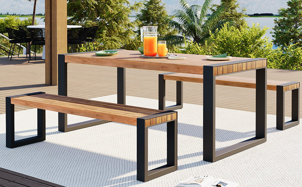 3-Piece Acacia Wood Patio Dining Set - Table & 2 Benches
