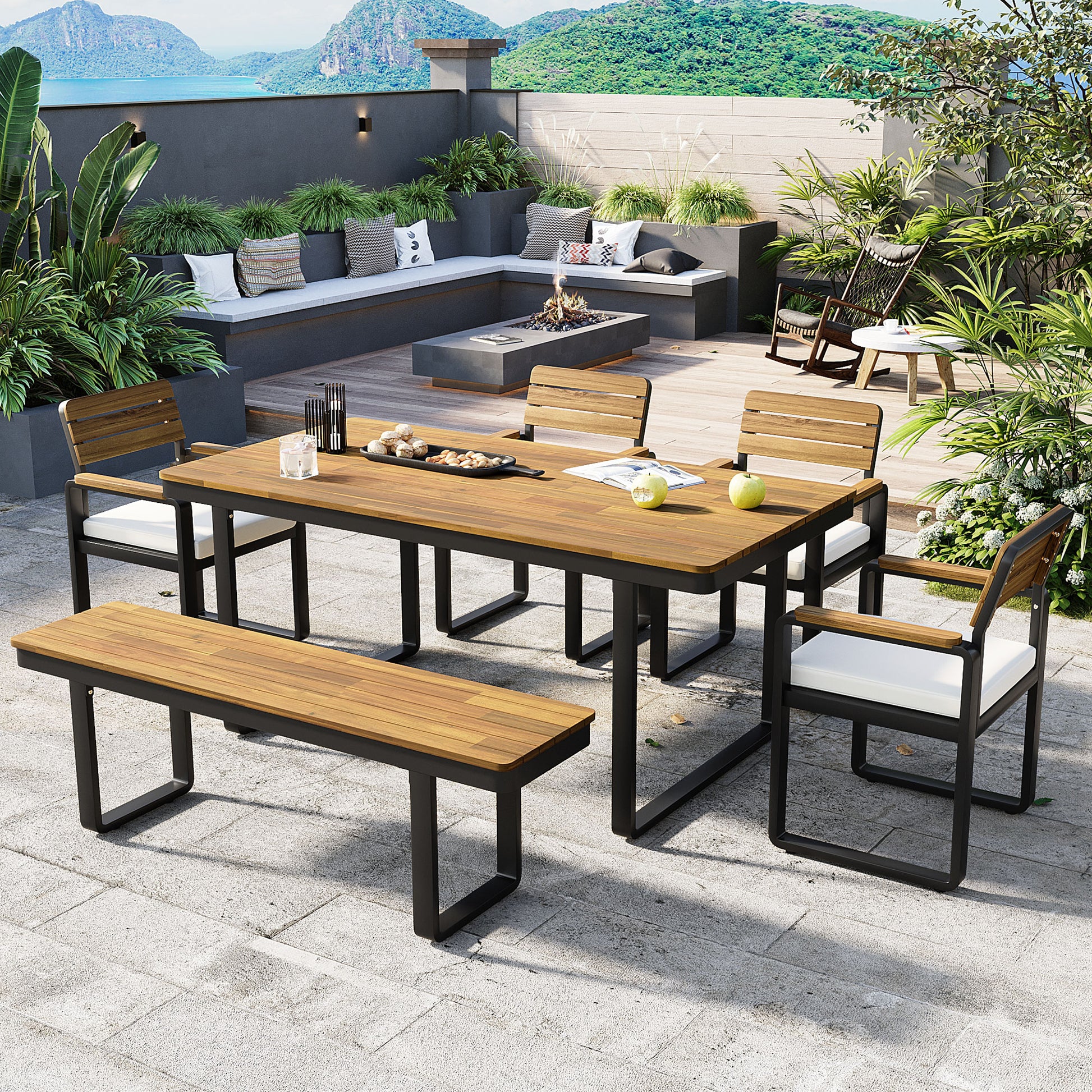 6 Piece Acacia Wood Patio Dining Set with Cushions