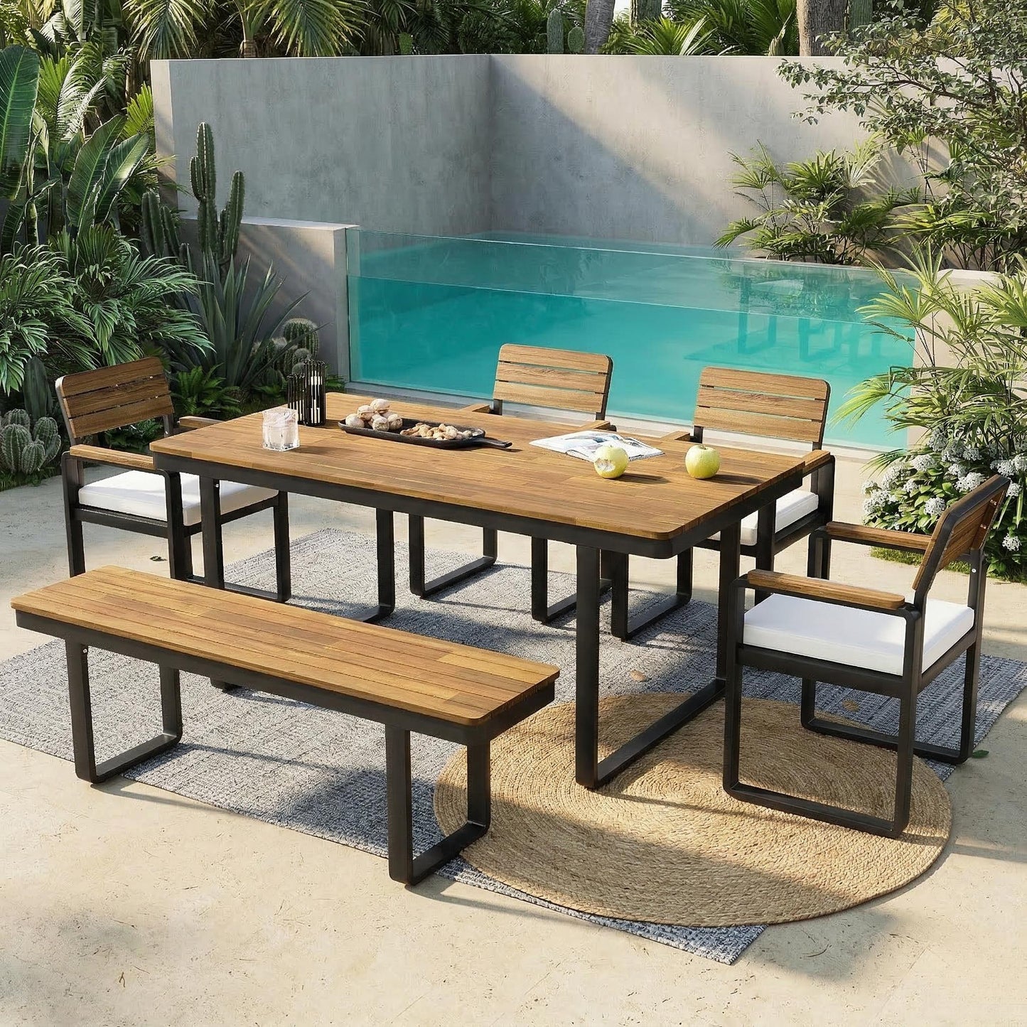 6 Piece Acacia Wood Patio Dining Set with Cushions