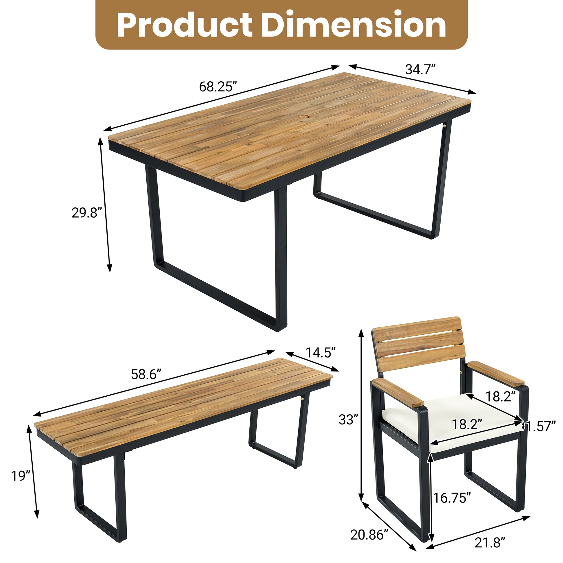 6 Piece Acacia Wood Patio Dining Set with Cushions