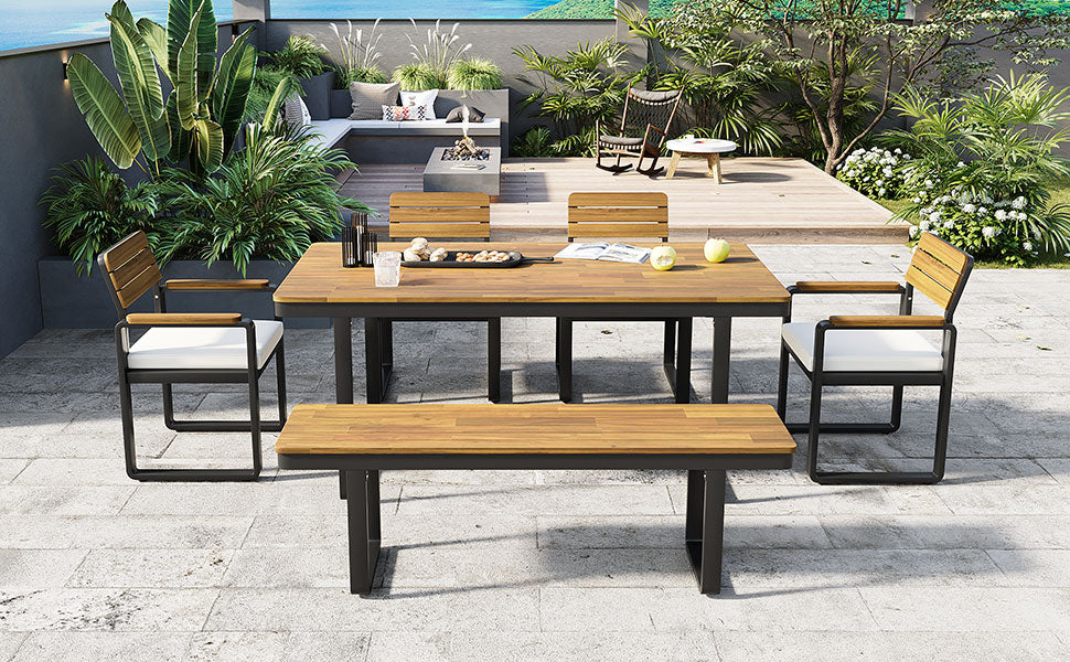 6 Piece Acacia Wood Patio Dining Set with Cushions