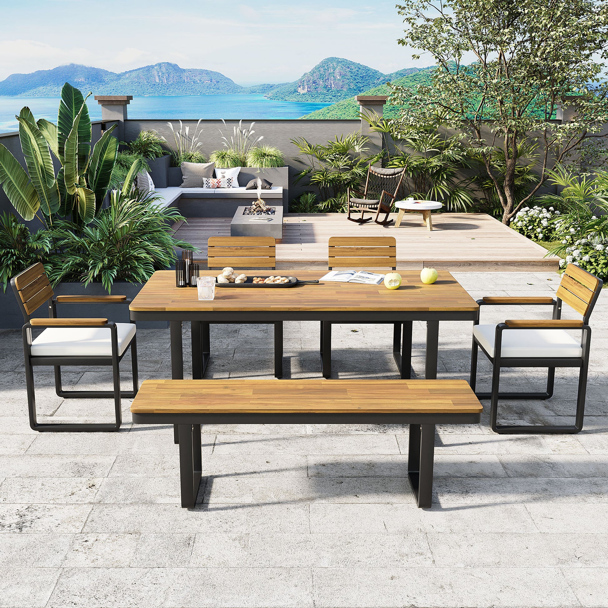 6-Piece Outdoor Dining Set, Acacia Wood, 1 Table with 4 Chairs & 1 Bench for 6-7 Person, Comfortable Cushions on Chairs, Adjustable Feet, for Patio, Garden, Backyard Dining, Beige Cushion