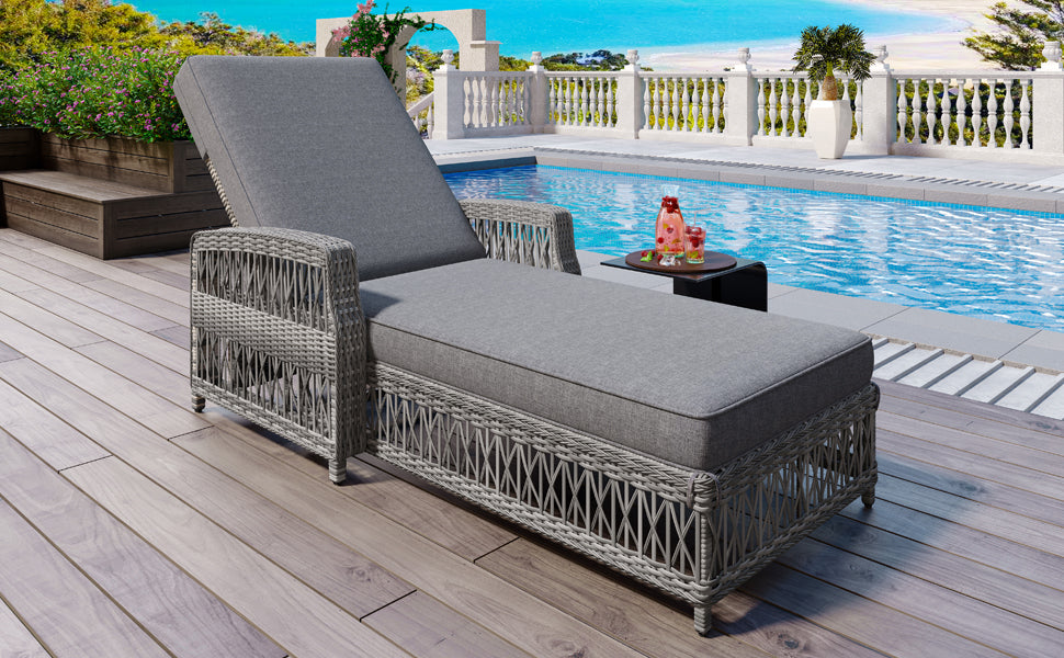 Grey Wicker Poolside Lounger with Cushions, Adjustable Patio Recliner
