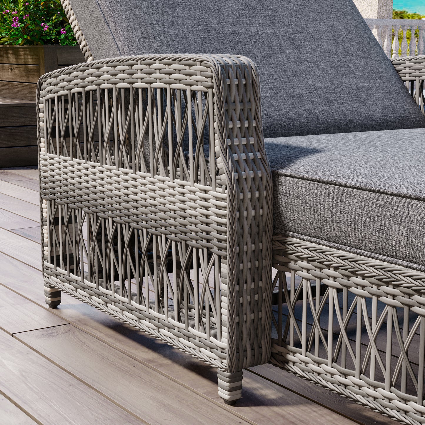 Grey Wicker Poolside Lounger with Cushions, Adjustable Patio Recliner