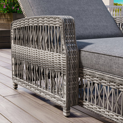 Grey Wicker Poolside Lounger with Cushions, Adjustable Patio Recliner