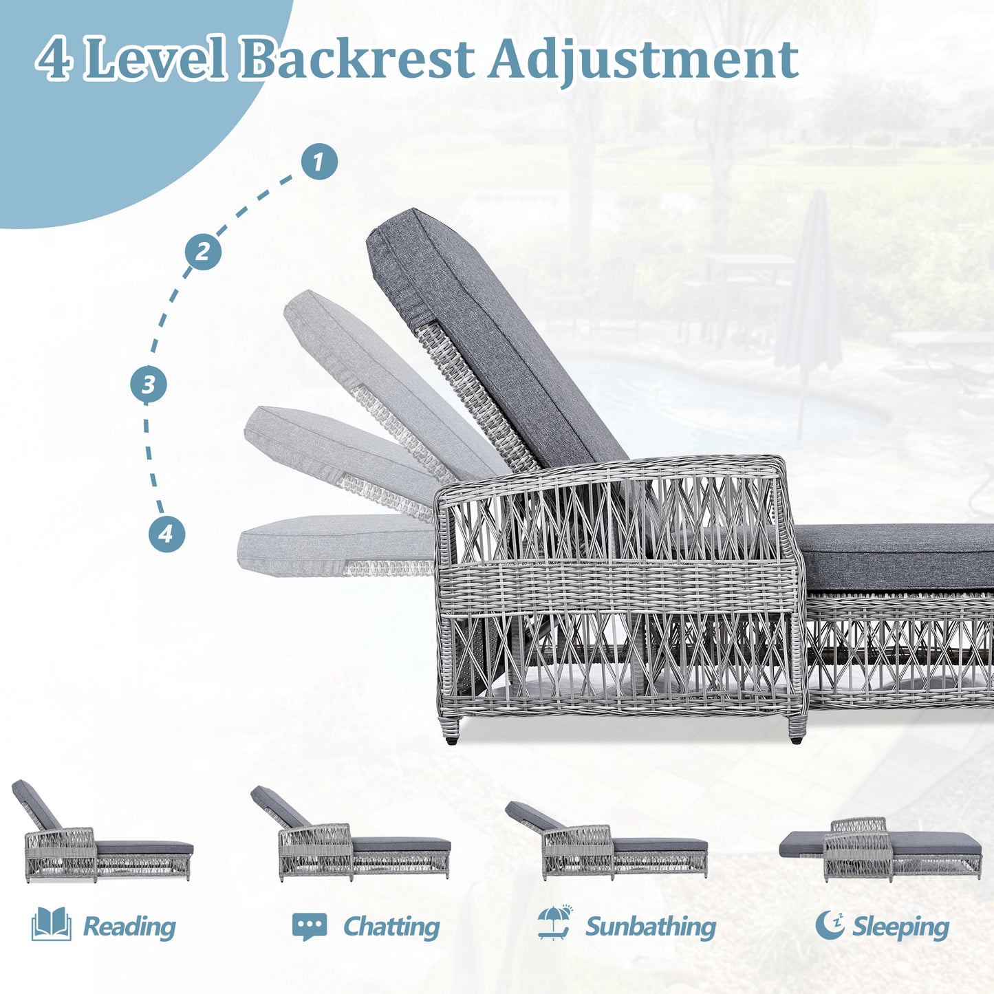 Grey Wicker Poolside Lounger with Cushions, Adjustable Patio Recliner