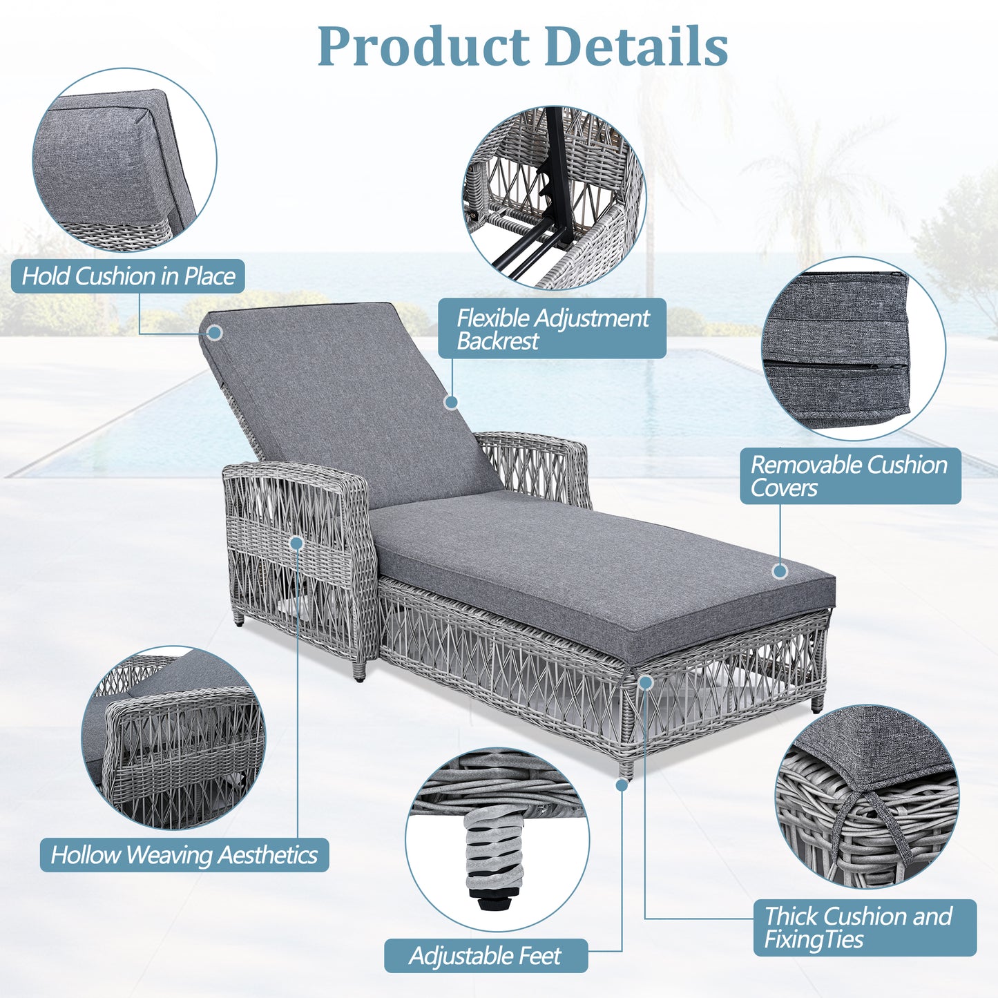 Grey Wicker Poolside Lounger with Cushions, Adjustable Patio Recliner