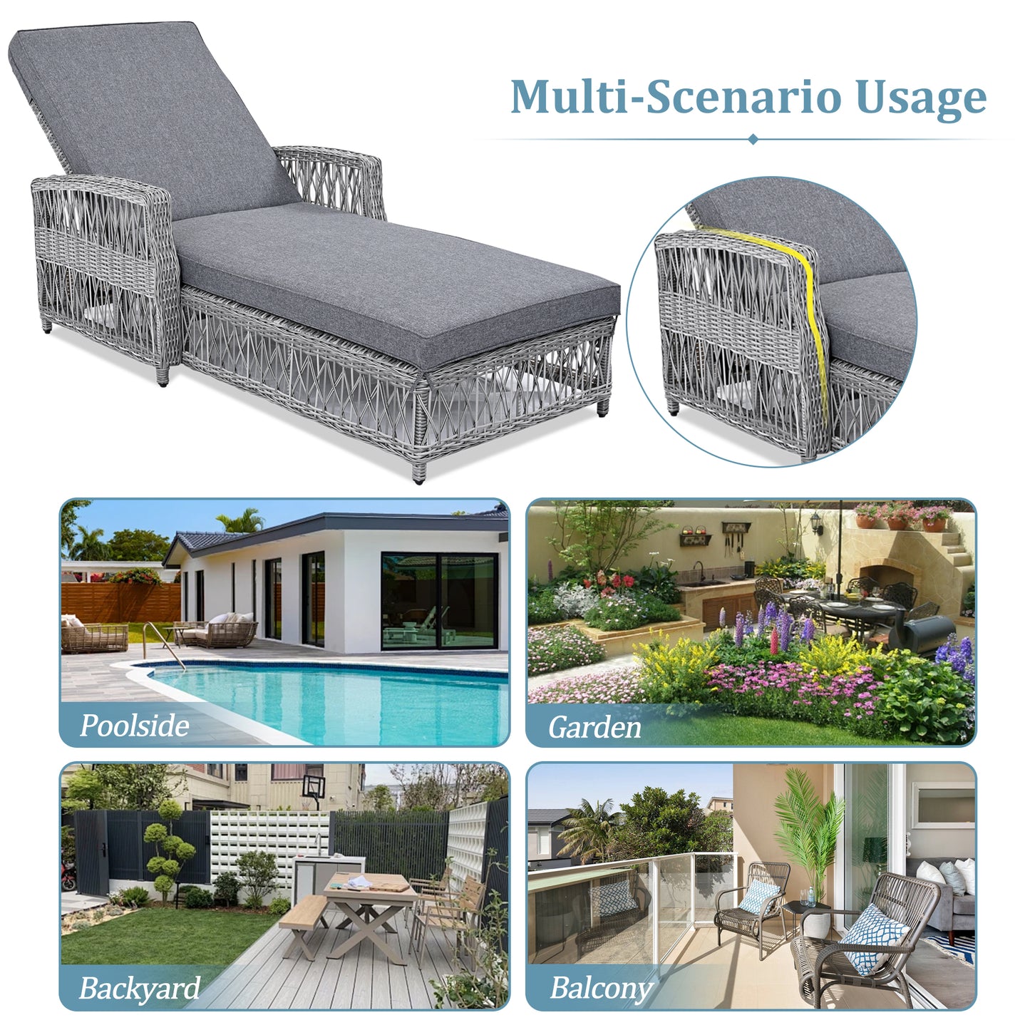 Grey Wicker Poolside Lounger with Cushions, Adjustable Patio Recliner