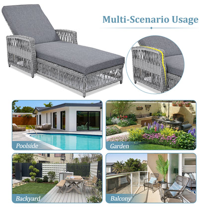 Grey Wicker Poolside Lounger with Cushions, Adjustable Patio Recliner
