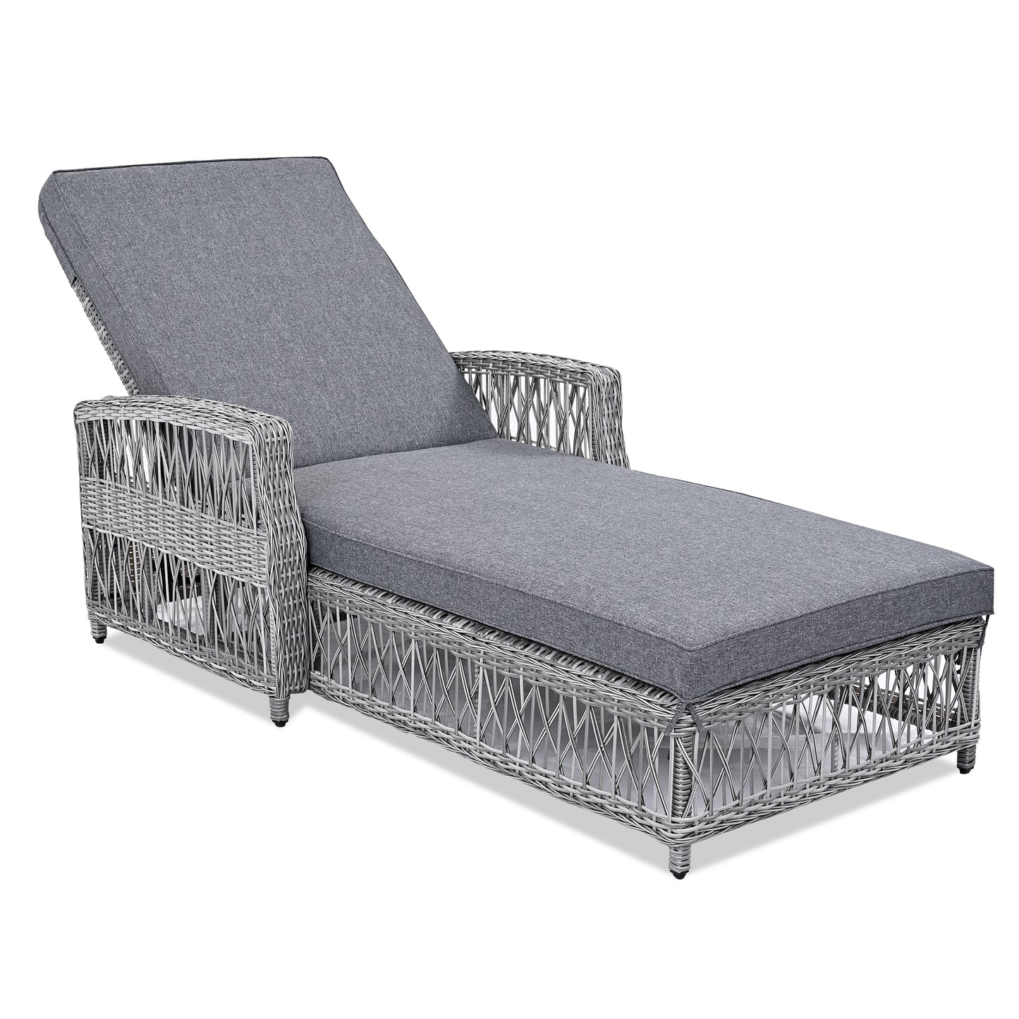 Grey Wicker Poolside Lounger with Cushions, Adjustable Patio Recliner