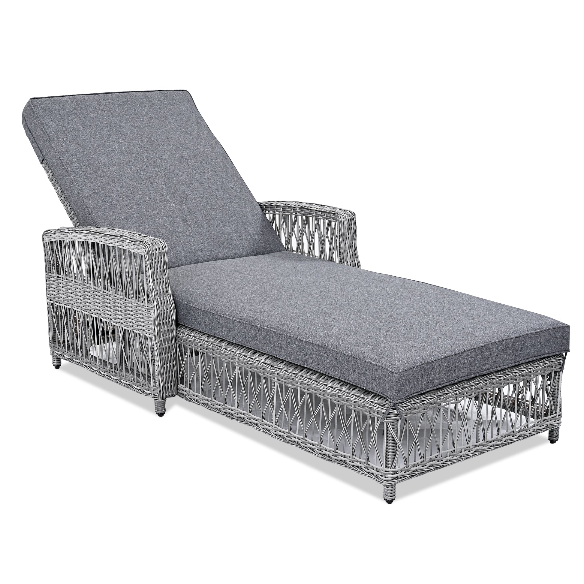 Grey Wicker Poolside Lounger with Cushions, Adjustable Patio Recliner