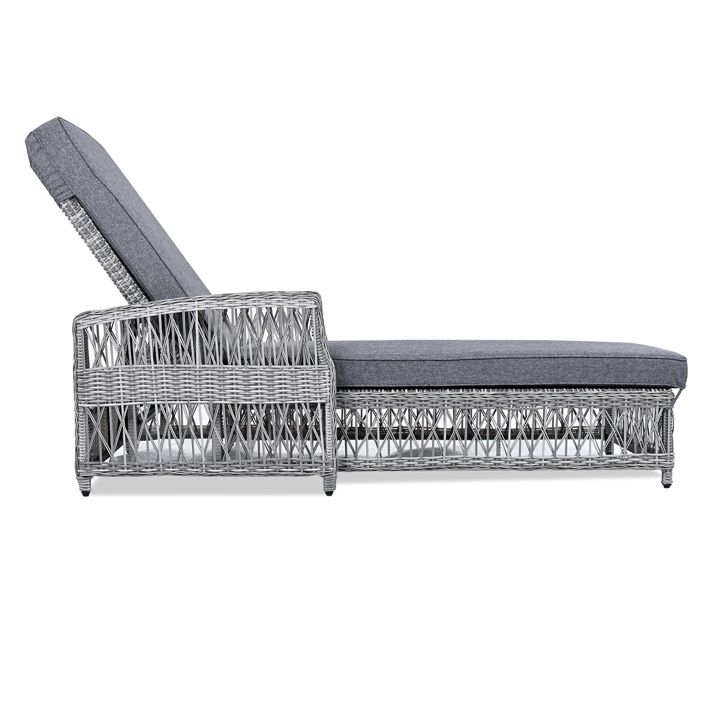 Grey Wicker Poolside Lounger with Cushions, Adjustable Patio Recliner