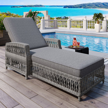 GO Outdoor Long Reclining Chaise, Wicker Lounge with Armrests, Patio Adjustable Recliner with Soft Removable Cushions, All Weather Rattan Pool Lounge for Poolside & Garden, Gray