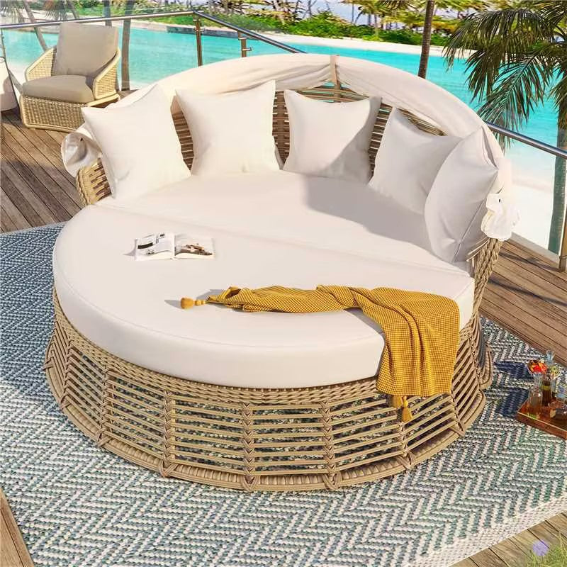 Beige Wicker Patio Round Daybed with Cushions