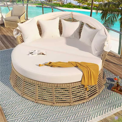 Beige Wicker Patio Round Daybed with Cushions