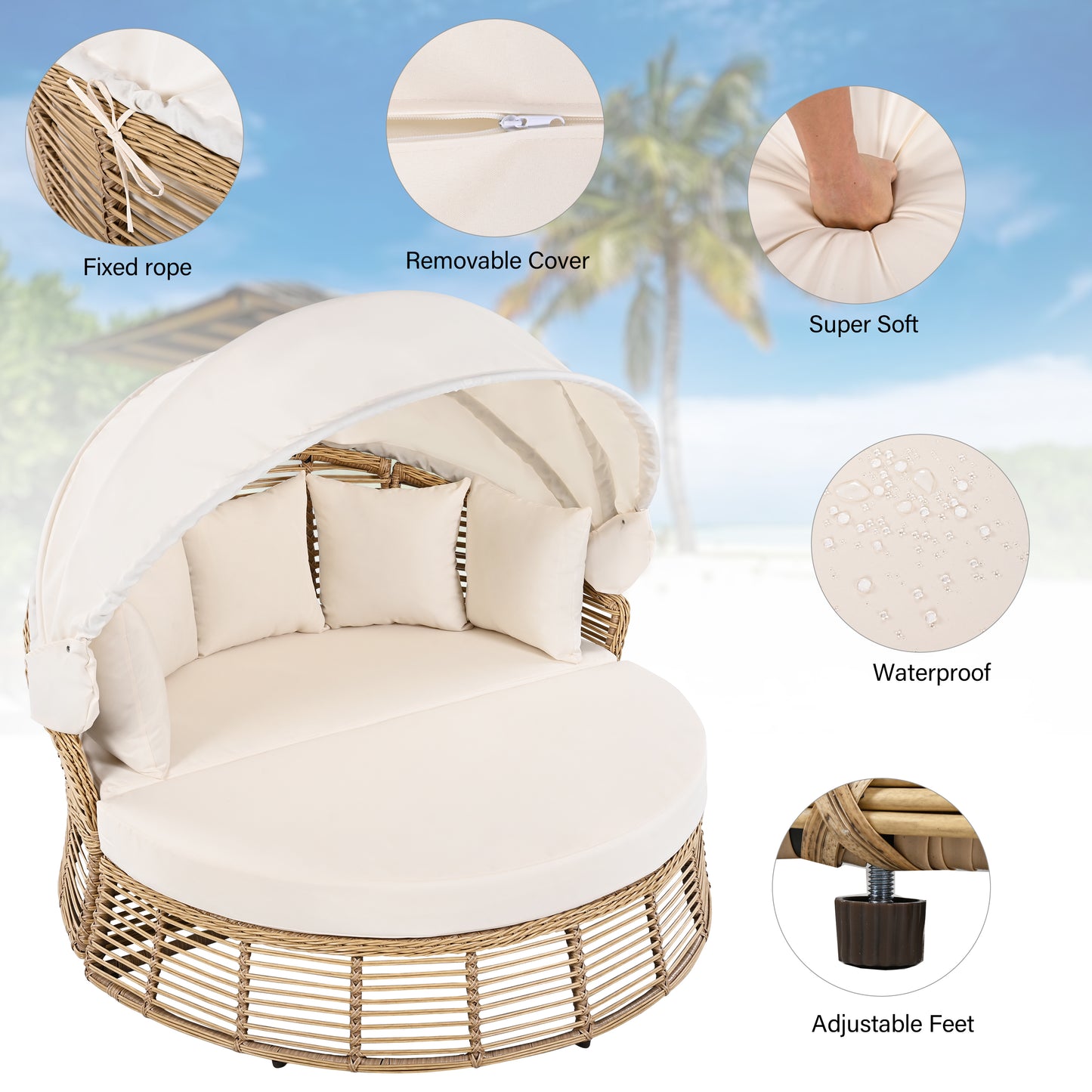 Beige Wicker Patio Round Daybed with Cushions
