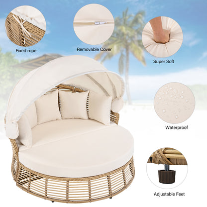 Beige Wicker Patio Round Daybed with Cushions